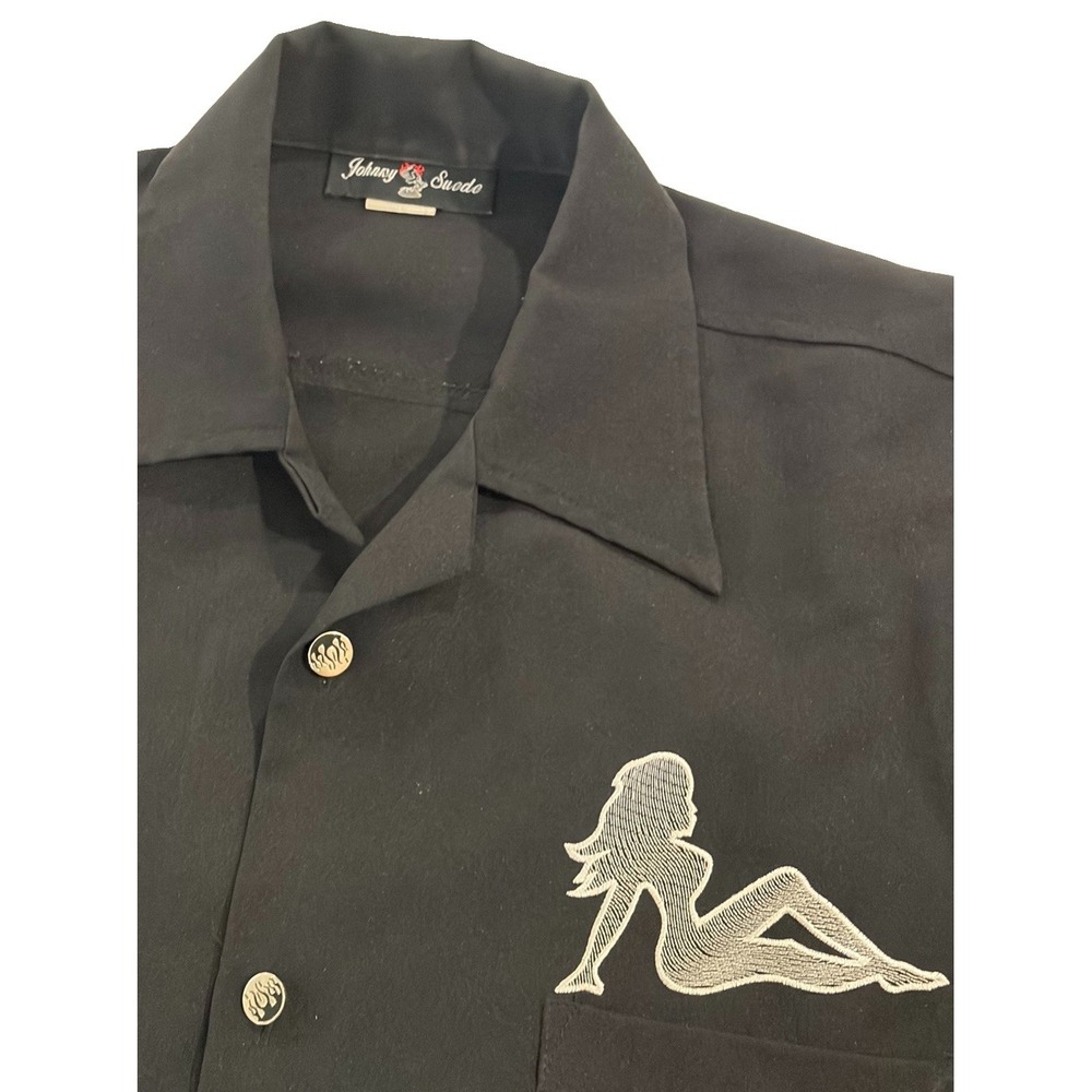 Johnny Suede Mens Black Rockabilly Bowling Shirt Embroidered Mudflap Girl XXL